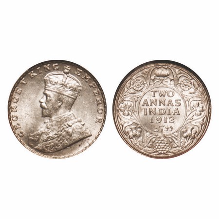 George V, Silver, 2 Annas, 1912, Bombay Mint, Dot, re-drawn Elephant. F. Prid 571. GK 1109