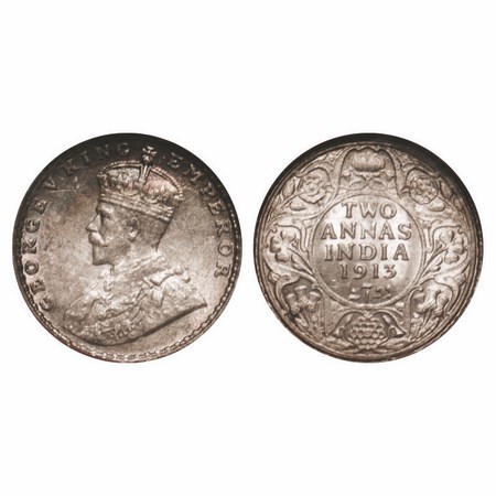 George V, Silver, 2 Annas, 1913, Bombay Mint, Dot, Elephant. F. Prid 572. GK 1111. NGS Sla