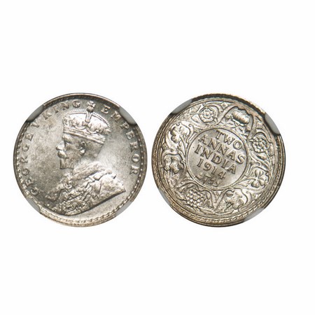 George V, Silver, 2 Annas, 1914, Calcutta Mint, No dot, 1'o clock die rotation on Rev. F. 
