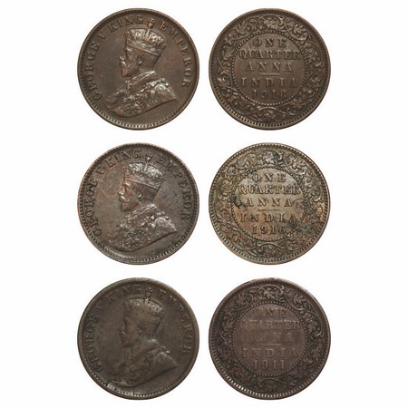 George V, Bronze, Quarter Anna, (3 Coins), Calcutta Mint, No dot, 1) 1911, Pig Type, 2) 19
