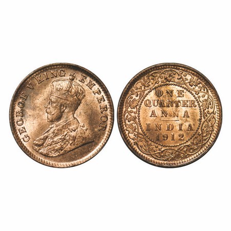 George V, Bronze, Quarter Anna, 1912, Calcutta Mint, No dot. F. Prid 658. GK 1172. Uncircu