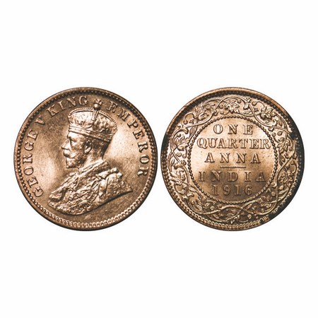 George V, Bronze, Quarter Anna, 1916, Calcutta Mint, No dot. F. Prid 661. GK 1175. Brillia