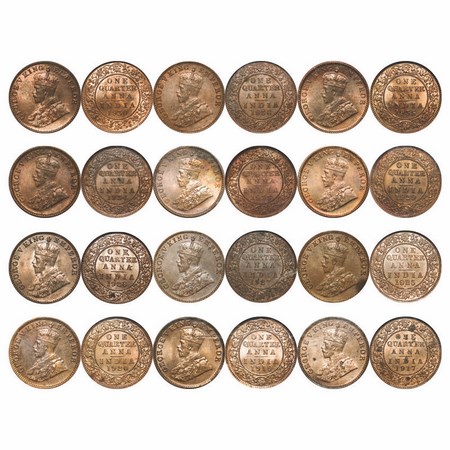 George V, Bronze, Quarter Anna, (12 NGS Slabs), 1) 1917, Calcutta Mint, No dot, MS 61+ BN 