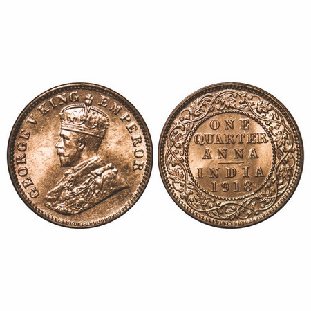 George V, Bronze, Quarter Anna, 1918, Calcutta Mint, No dot. F. Prid 656. GK 1177. Brillia