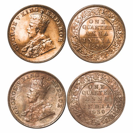 George V, Bronze, Quarter Anna, (2 Coins), 1930, Bombay Mint, Dot, 1) No space between yea