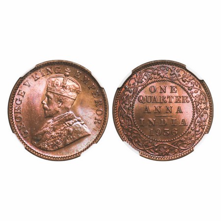 George V, Bronze, Quarter Anna, 1936, Calcutta Mint, No dot. F. Prid 676. GK 1197. NGC Sla