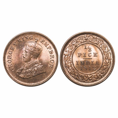 George V, Bronze, 1/2 Pice, 1912, Calcutta Mint, No mint mark. F. Prid 754. GK 1198. Brill