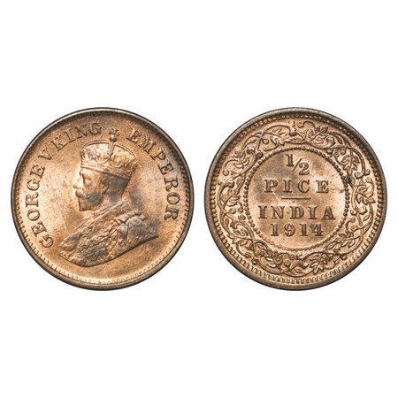 George V, Bronze, 1/2 Pice, 1914, Calcutta Mint, No mint mark, Ghost on Rev. F. Prid 747. 