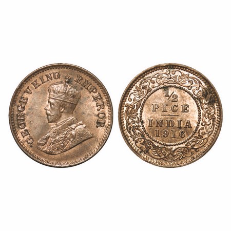 George V, Bronze, 1/2 Pice, 1916, Calcutta Mint, No mint mark. F. Prid 749. GK 1202. Brill