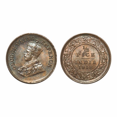 George V, Bronze, 1/2 Pice, 1918, Calcutta Mint, No mint mark, Ghost on Rev. F. Prid 751. 