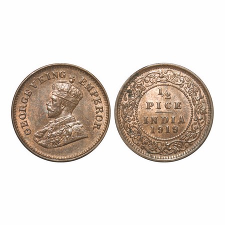 George V, Bronze, 1/2 Pice, 1919, Calcutta Mint, No mint mark. F. Prid 752. GK 1205. Uncir