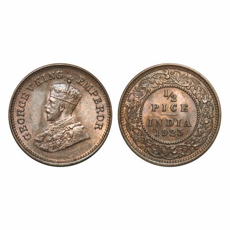George V, Bronze, 1/2 Pice, 1923, Calcutta Mint, No mint mark, Die crack on Obv. F. Prid 7