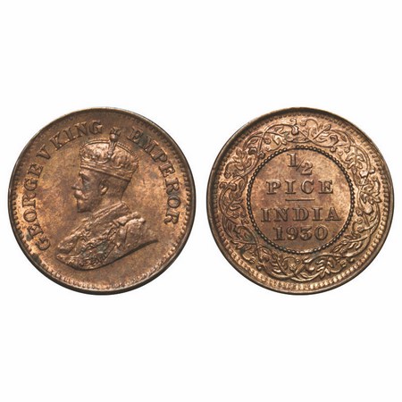 George V, Bronze, 1/2 Pice, 1930, Calcutta Mint, No mint mark. F. Prid 763. GK 1216. Uncir