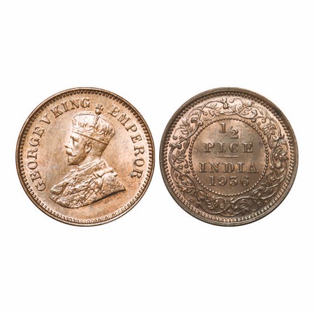 George V, Bronze, 1/2 Pice, 1936, Calcutta Mint, No mint mark, Alphabate 'I' of India prom