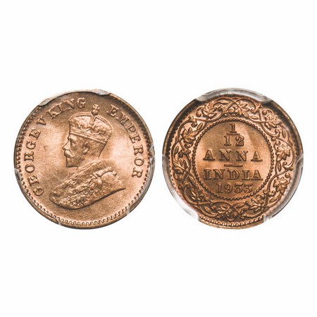 George V, Bronze, 1/12 Anna, 1933, Calcutta Mint, No dot. F. Prid 847. GK 1249. PCGS Slabb