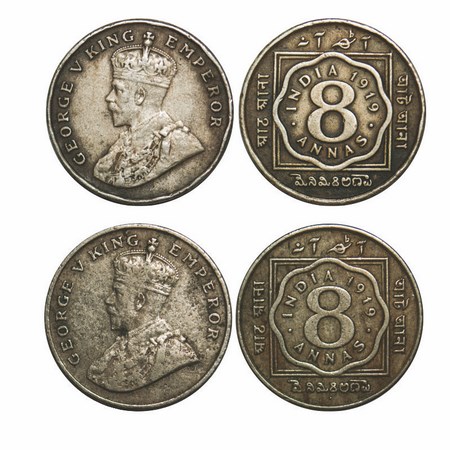 George V, Copper-Nickel, 8 Annas, (2 Coins), 1919, 1) Calcutta mint, No dot, 2) Bombay Min