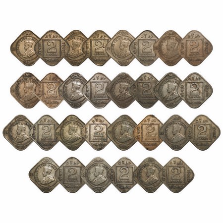 George V, Copper-Nickel, 2 Annas, (Lot of 15 Coins), 1) 1918, Calcutta mint, No dot, 2) 19