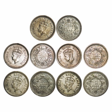 George VI, Half Silver, Rupee, (5 Coins), 1) 1942, Bombay Mint, B/II, Diamond, Security ed