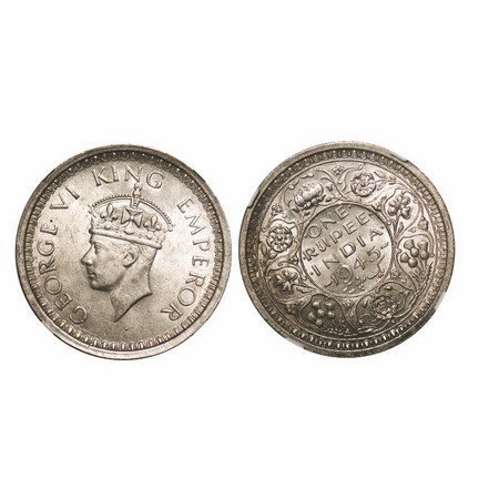 George VI, Half Silver, Rupee, 1945, Bombay Mint, D/II, Dot, Security edge, Normal 5, 11 o