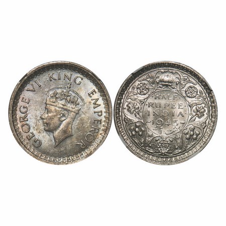 George VI, Half Silver, Half Rupee, 1943, Bombay Mint, Head Type II, B/II, Dot, Security e