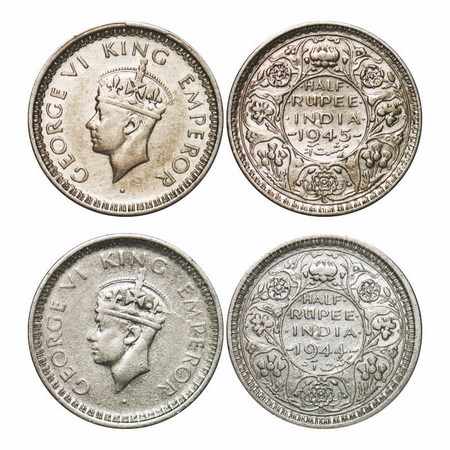 George VI, Half Silver, Half Rupee, (2 Coins), 1944, 1945, Lahore Mint, Head Type II, B/II