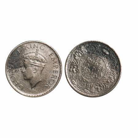 George VI, Half Silver, 1/4 Rupee, 1940, Calcutta Mint, Head Type II, Rev I, No dot, Mille
