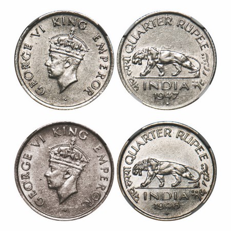 George VI, Nickel, 1/4 Rupee, 1946, 1947, (2 Slabs), Bombay Mint, Head Type II, Rev IV, Di