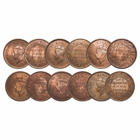 George VI, Bronze, Quarter Anna, (6 Coins), 1) 1938, Bombay Mint, Head Type I, Dot, Dots b