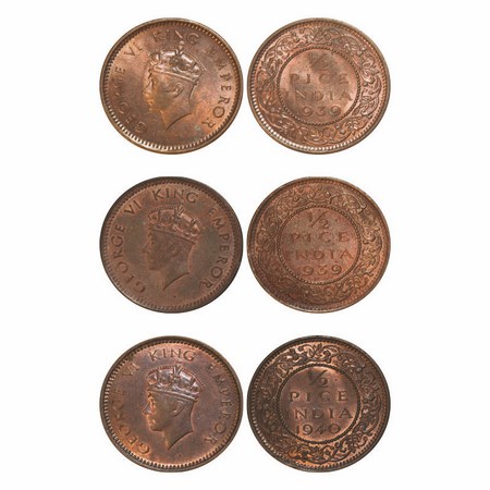George VI, Bronze, 1/2 Pice, (3 Coins), 1) 1939, Bombay Mint, Head Type I, Dot, 2) 1939, C