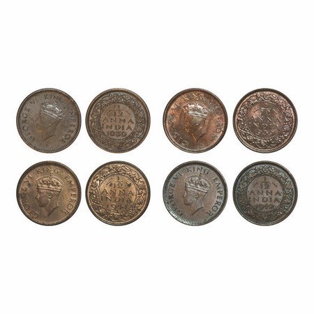 George VI, Bronze, 1/12 Anna, (4 Coins), 1) 1939, Bombay Mint, Head Type I, Dot, 2) 1939, 