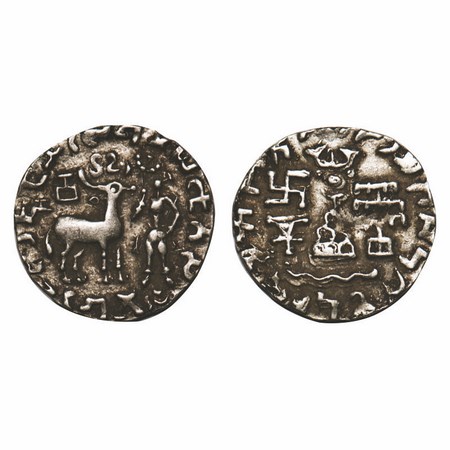 Kunindas, Amoghabhuti (c. 200 BC), Silver Drachma, 2.18g, 18.34x18.72mm, Lakshmi on Lotus 