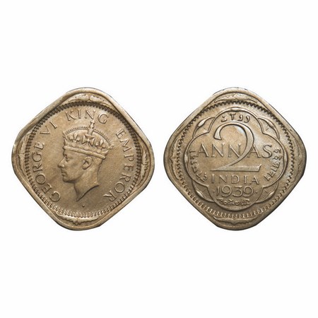 George VI, Copper-Nickel, 2 Annas, 1939, Bombay Mint, Head Type II, Dots by year. F. Prid 