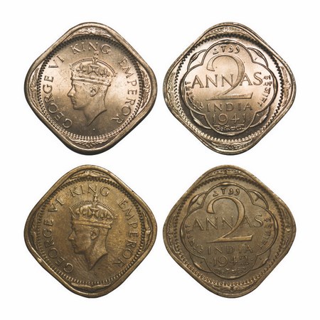 George VI, Mix Metal, 2 Annas, (2 Coins), 1) 1941, Copper-Nickel, Calcutta Mint, Head Type