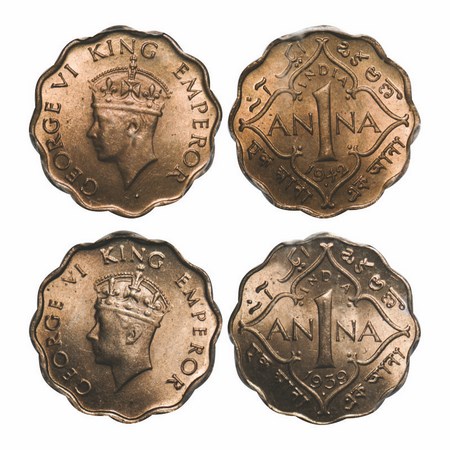 George VI, Mix metal, 1 Anna, (2 Slabs), 1) 1939, Copper-Nickel, Bombay Mint, Head Type I,