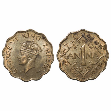 George VI, Nickel-Brass, 1 Anna, 1943, Bombay Mint, Head Type II, Dot, Normal numeral '3',