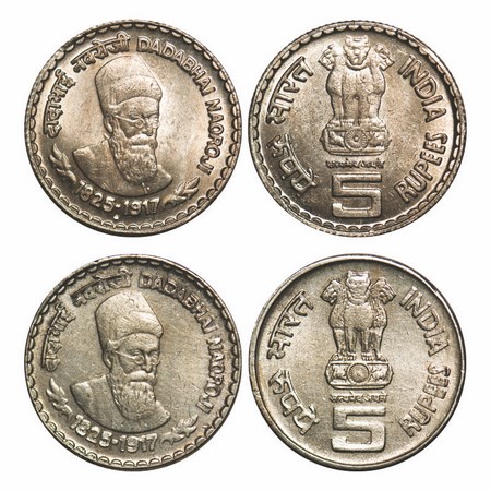 5 Rupees, Cu-Ni, 8.79g (2 Coins), (2003). Bombay Mint, Dadabhai Navraji, Two different die