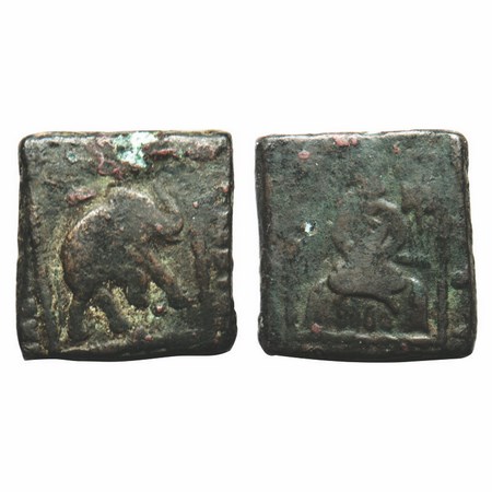 Indo-Scythians, Maues, Copper Square Unit, 9.40g, 20.47x19.70mm,Obv: an elephant walking r