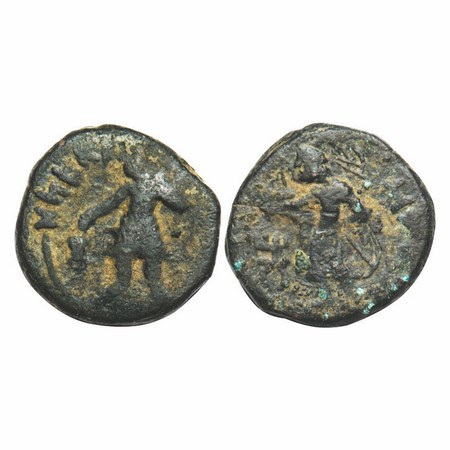 Kushans, Kanishka, Copper Unit, 17.12g, 25.04x25.51mm, Obv: King standing facing holding t