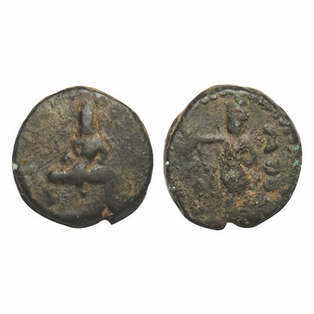 Kushanas, Huvishka, Copper Tetradrachm, 14.82g, 24.78x24.70mm, Obv: King nimbate reclining