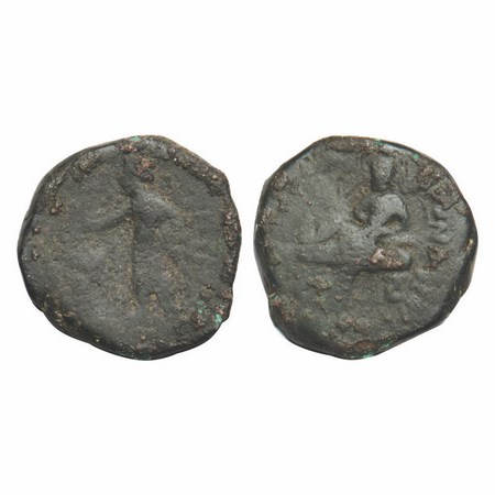 Kushanas, Huvishka, Copper Unit, 14.84g, 25.13x24.99mm, Obv: King half reclining on couch 