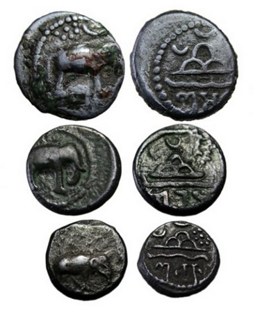 Western Kshatrapas, (3 Coins), Damsen, Potin Unit, ½ Unit, ¼ Unit (set 3 coins), Obv: Elep