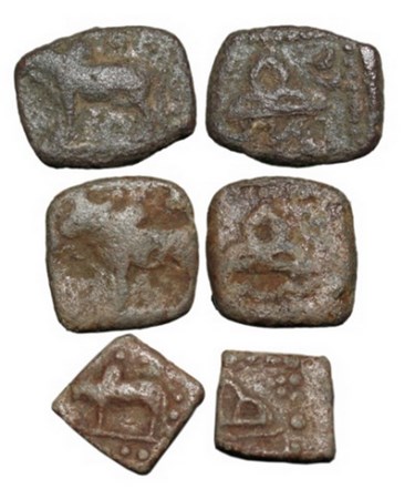 Western Kshatarapas, Lead Units (3 Coins), Different types of Bull, Rudrasimha III, Obv: H