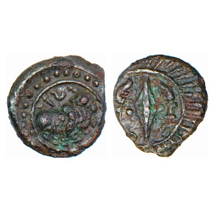 Vishnukundin, Andhra Region, Copper Base Alloy, 2.82g, 14.31 x 14.28mm, Obv: Bull walking 