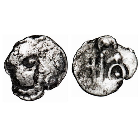 Rashtrakutas, Silver Dramma (750-800 AD), 0.28g, 7-9mm, Obv: Profile bust of a king, facin