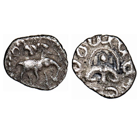 Rashtrakutas, Anonymous, Silver Dramma, 0.39g, 8-6mm, Obv: Elephant walking to right, Rev: