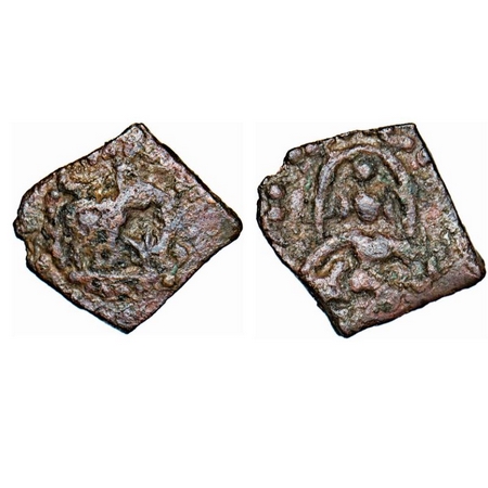 Rashtrakutas, Anonymous, Copper, 0.66g, 8-9mm, Obv: Elephant walking to right, Rev: Seated