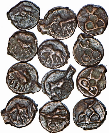 Sunga Period, Kaushmabi Region, Cash Copper (12 coins), Obv: Elephant walking to left with