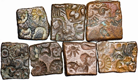 Post-Mauryan Period, Punch Marked Coinage from Ujjaini Region, Copper Karshapana (7 Coins)