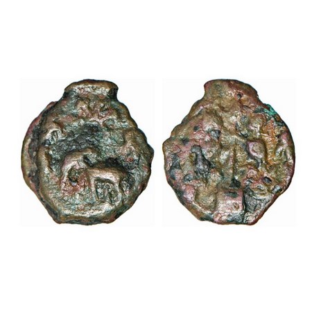 Kausambi Post Mauryan, Cast Copper, 4.00g. 12.42 x 12.08mm, Obv: Elephant to left above uj