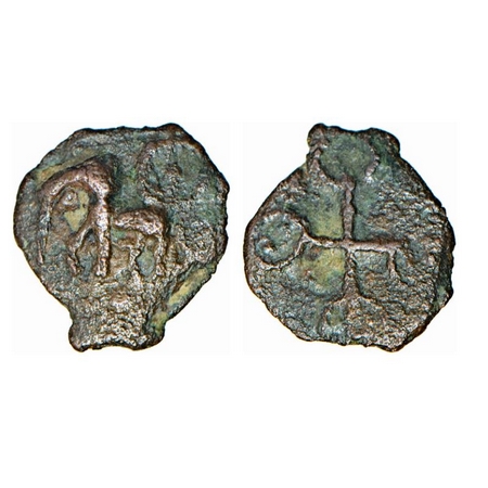 Kaushambi Region, Cast Copper, 1.06g, 11-10mm, Obv: Elephant walking to left above wheel, 